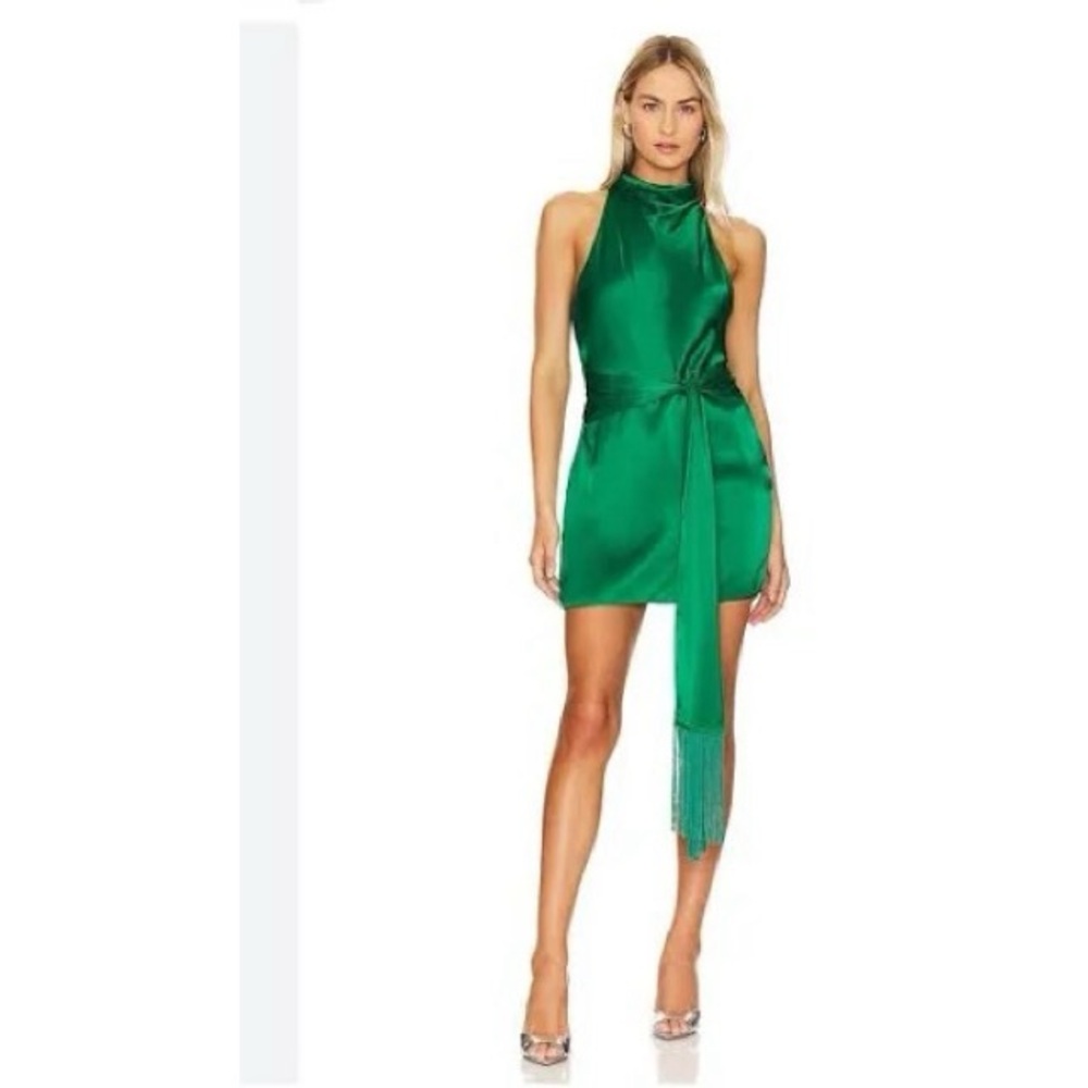 Amanda Uprichard NY Sandrine green silk halter dress, tie sash waist size: S